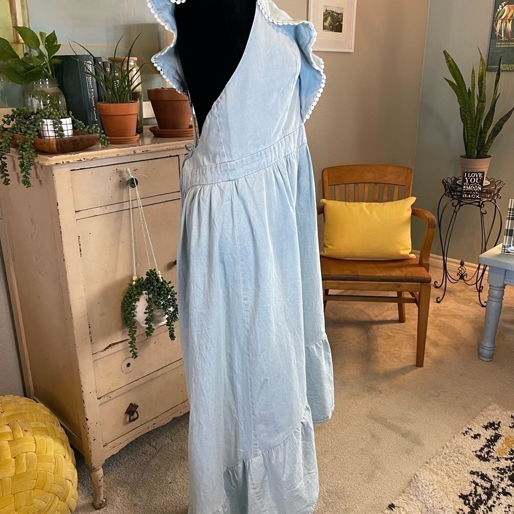 Molly Bracken Maxi Dress Light Denim Coquette Country Western Ruffle Boho Sz XL - Picture 4 of 16